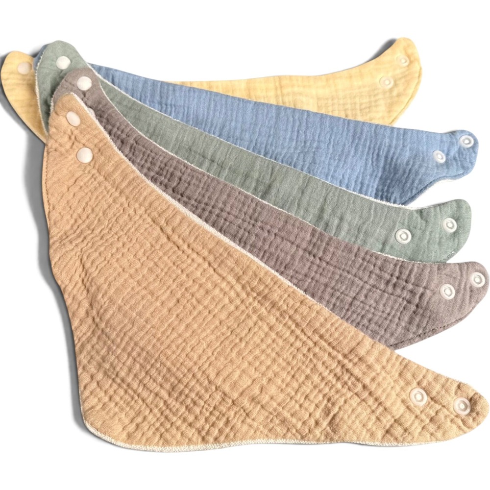 5 Pack Muslin Cotton Bandana Bibs Neutral Earth Tones Terry Cloth Backed Snaps